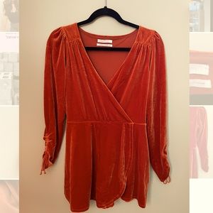 Urban Outfitters Velvet Burnt Orange Ruched Sleeve Romper